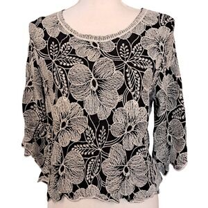 ANTHROPOLOGIE SOLITAIRE L Black Cream Embroidered‎ Top 3/4 Bell Sleeve Boho Goth